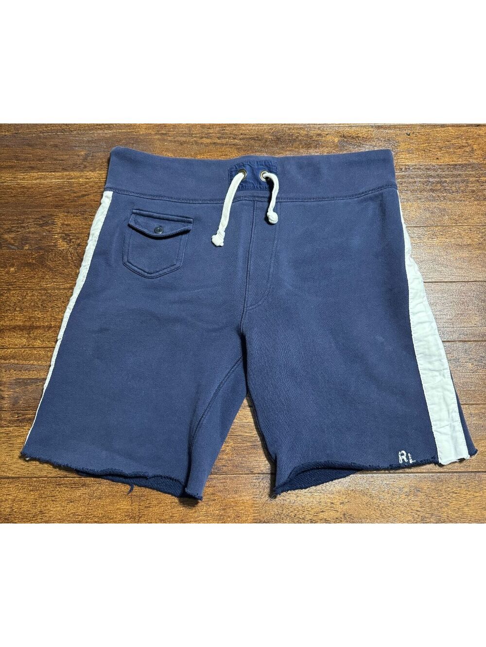 Polo Ralph Lauren Mens Fleece Raw Hem Sweat Shorts M Navy Side Stripe Y2K Dewey